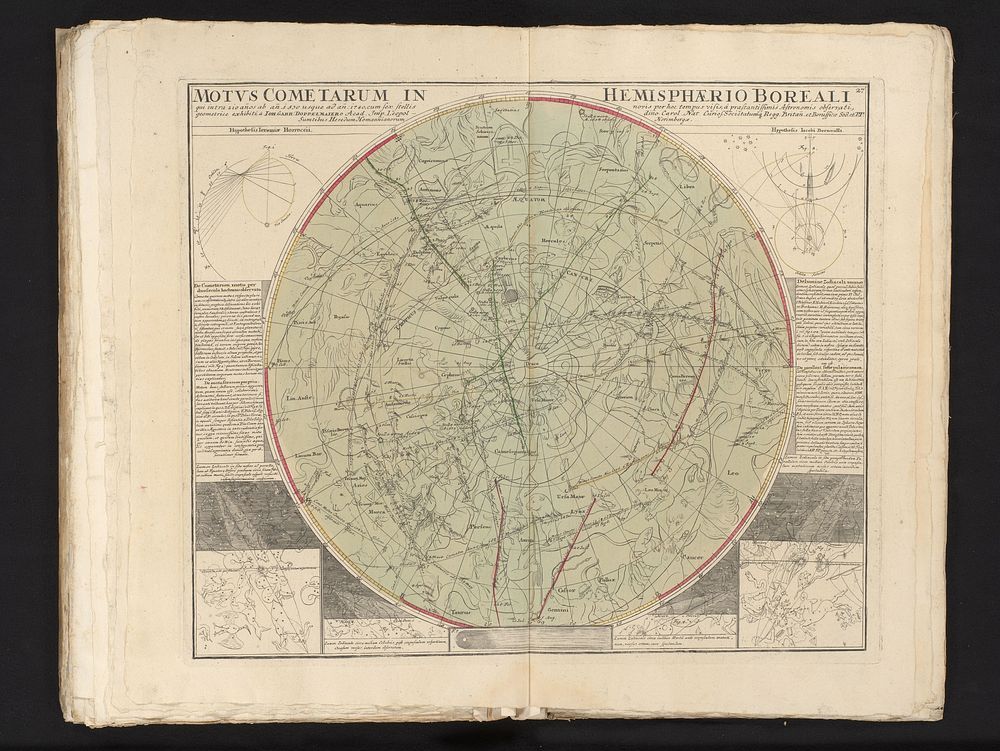 Hemelkaart met de noordelijke sterrenbeelden met de banen van verschillende kometen (1742) by anonymous, Johann Gabriel…