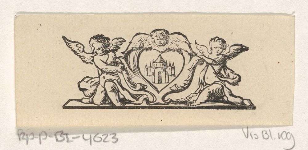 Vignet met een hartvorm en een kasteel, twee putti en een cherubijn (1635 - 1694) by Dirck de Bray