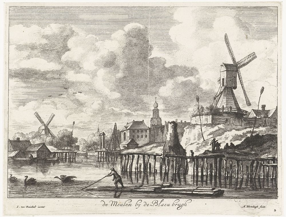 Gezicht op de molen bij de Blauwbrug (1655 - 1690) by Abraham Bloteling and Jacob Isaacksz van Ruisdael