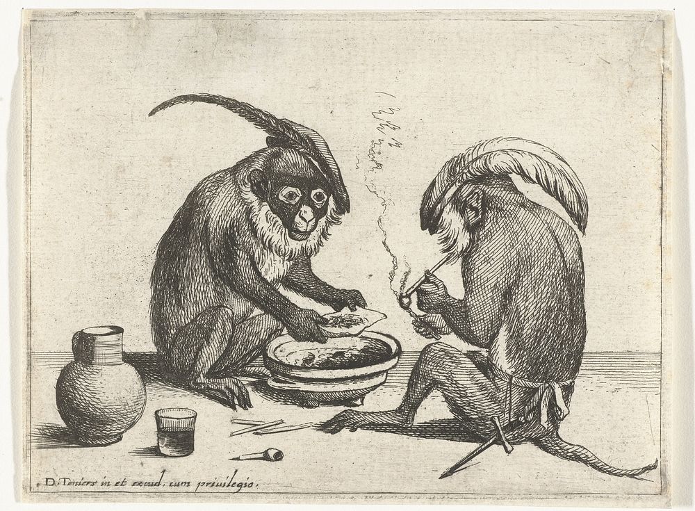 Twee apen roken pijp (1635 - 1690) by Quirin Boel, David Teniers II and David Teniers II