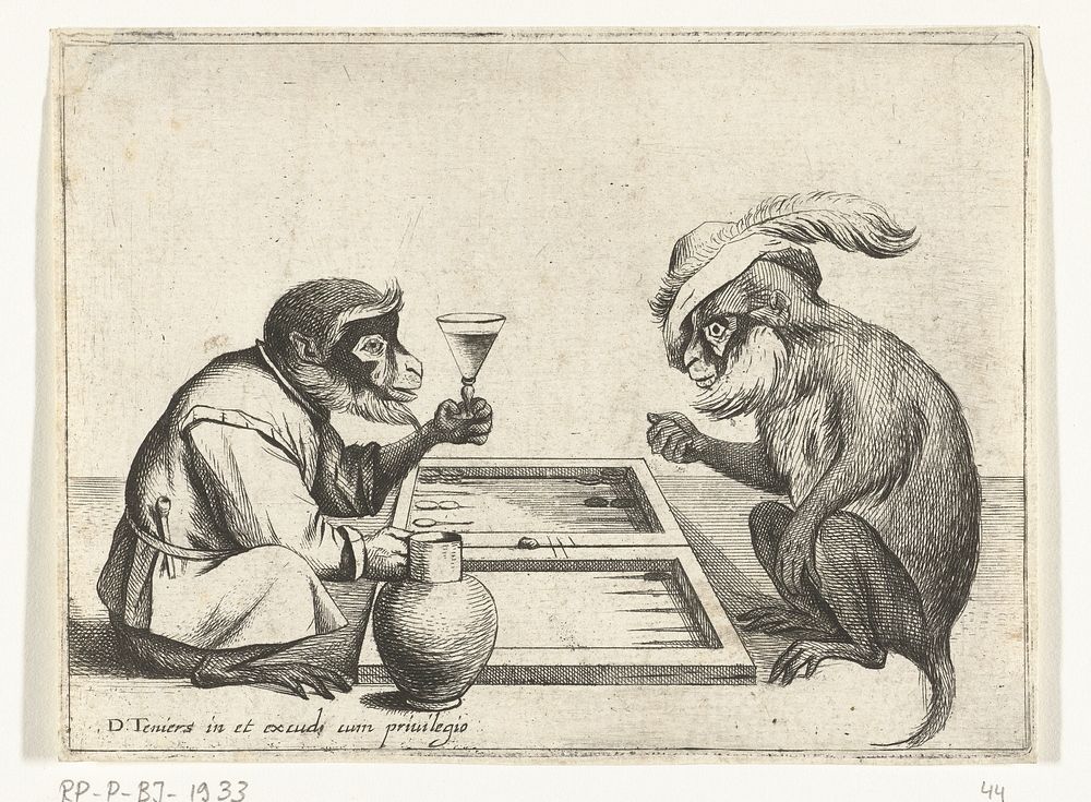 Twee apen spelen triktrak (1635 - 1690) by Quirin Boel, David Teniers II and David Teniers II