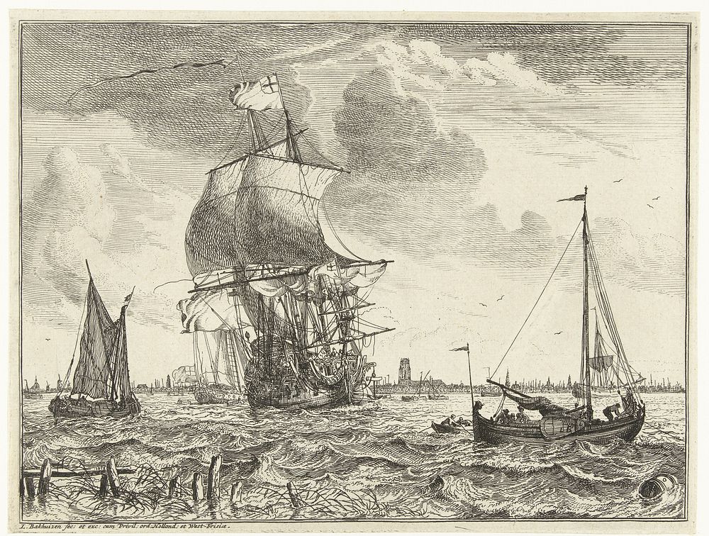 Schepen op de Maas bij Rotterdam (1701) by Ludolf Bakhuysen, Ludolf Bakhuysen, Ludolf Bakhuysen and Staten van Holland en…