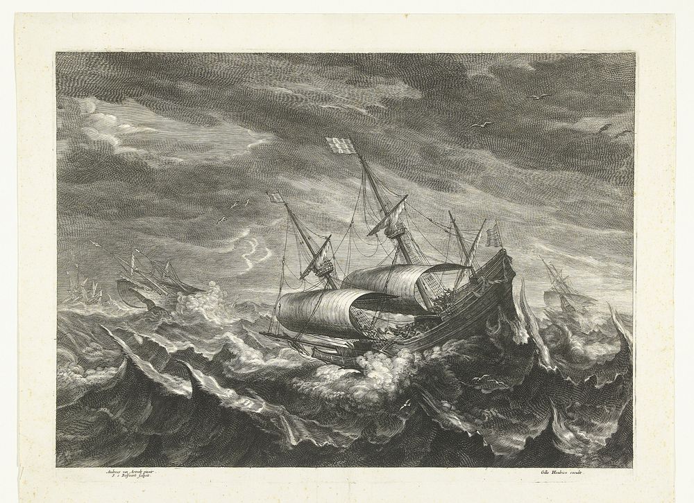 Schepen op zee met hoge golven (1596 - 1659) by Schelte Adamsz Bolswert, Andries van Eertvelt and Gilles Hendricx