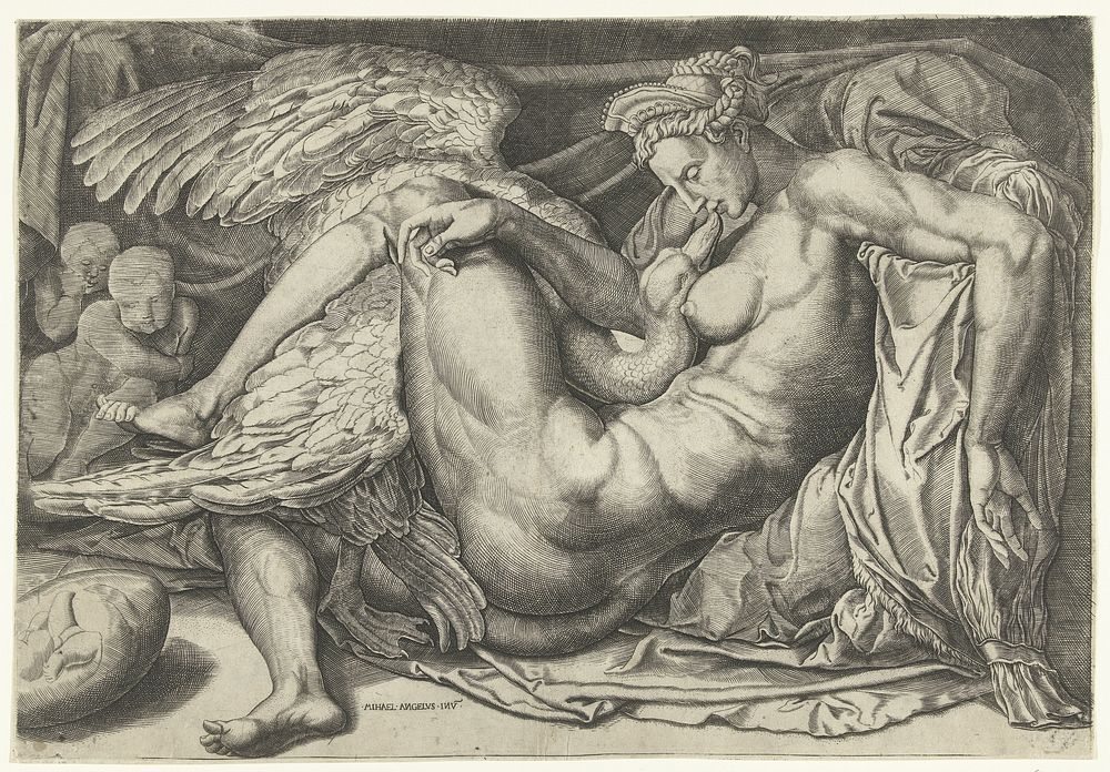 Leda en de zwaan (c. 1544 - c. 1600) by anonymous, Cornelis Bos and Michelangelo