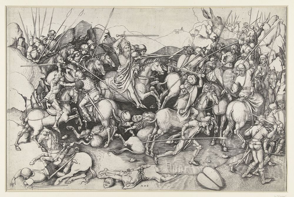 Heilige Jakobus de Meerdere (Jacobus Major) in de slag bij Clavijo (1450 - 1491) by Martin Schongauer