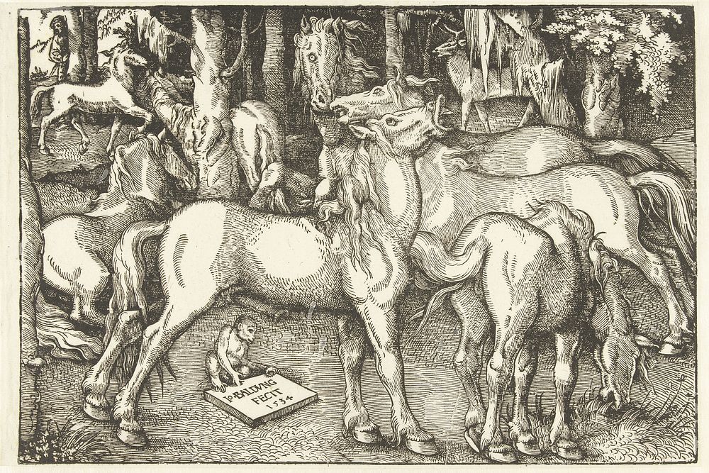 Groep van zeven paarden en een aap (1534) by Hans Baldung Grien