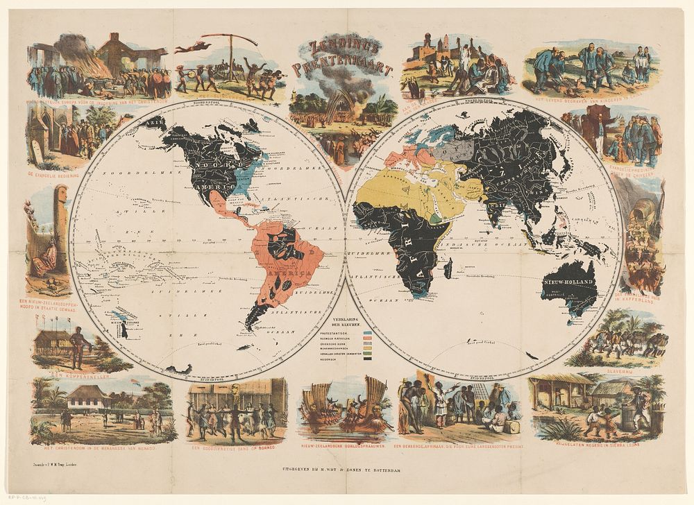 Missie-wereldkaart en religieuze scènes (1836 - 1905) by anonymous, Pieter Willem Marinus Trap and M Wijt and Zonen