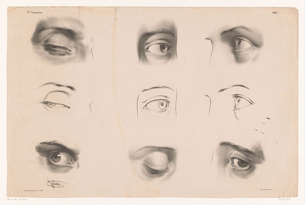 Zes studies van ogen in verschillende tekenstadia (1836 - 1843) by Bernard Romain Julien, Aubert and Cie and Aubert and Cie