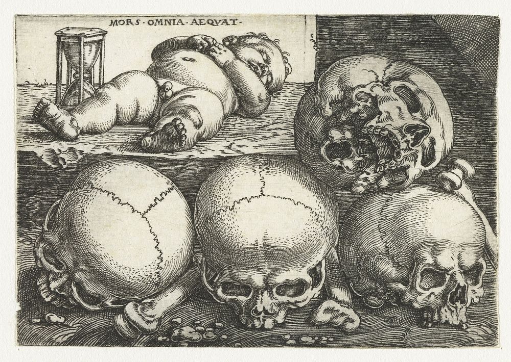 Slapend kind met zandloper en vier schedels (1512 - 1540) by Barthel Beham and Barthel Beham