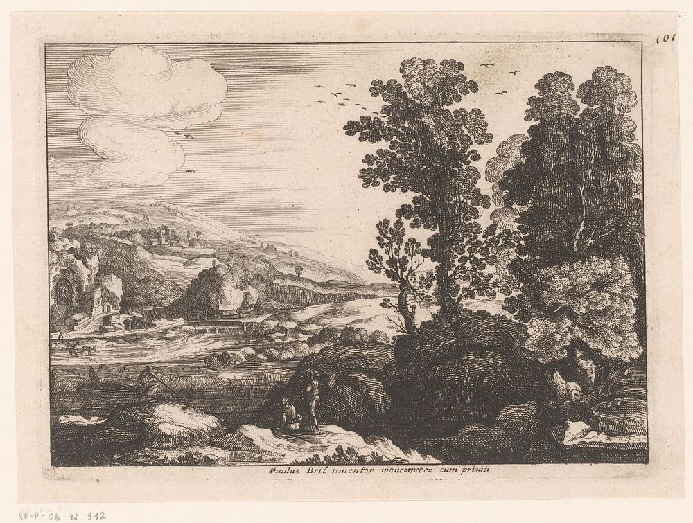 Rivierlandschap met rustende figuren (1620 - 1668) by Nicolas Cochin, Paul Bril, Balthazar Moncornet and Franse kroon