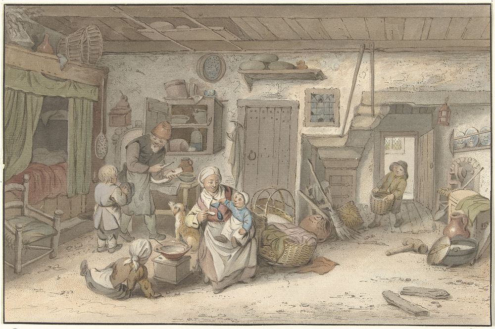 Interieur met boerenfamilie (1821) by Christiaan Josi, Adriaen van Ostade and Cornelis Ploos van Amstel