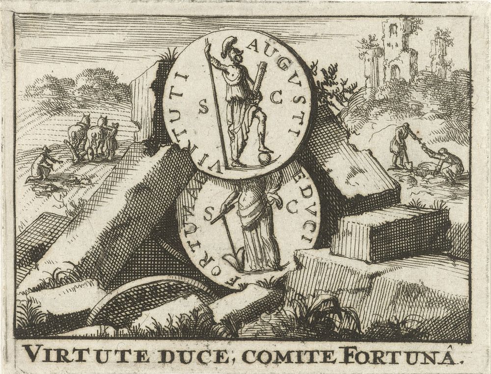 Romeinse munten steunend op een hoop stenen (1688) by Jan Claesz ten Hoorn and Jan Luyken