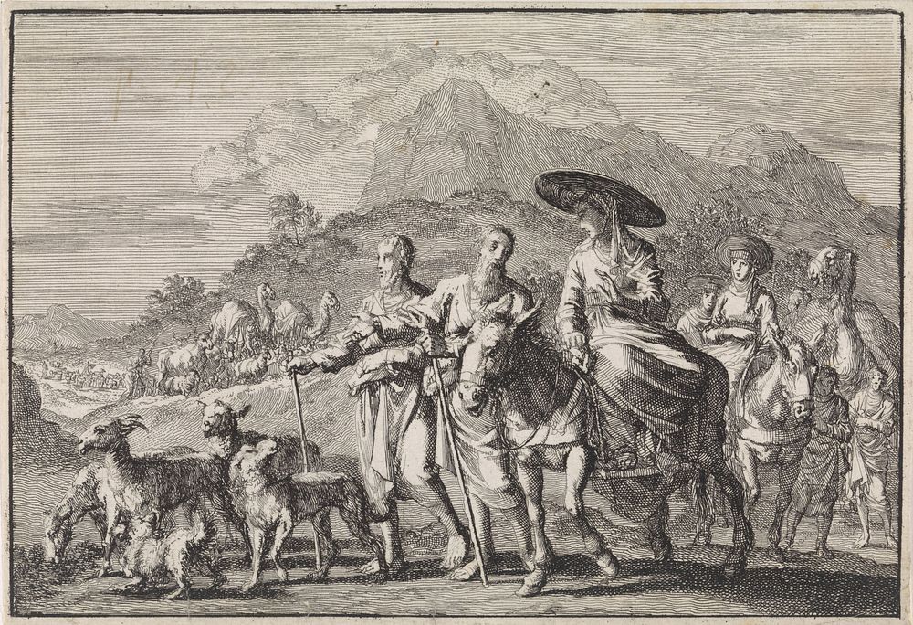 Jakob vlucht voor Laban (1703) by Jan Luyken and Pieter Mortier I