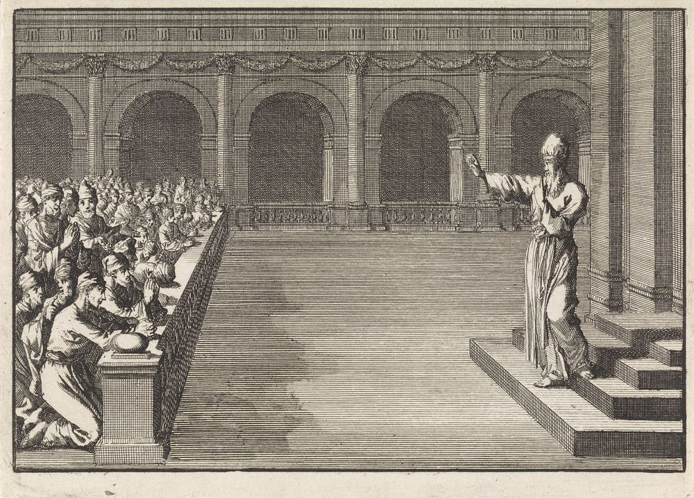 Zacharias tracht de menigte toe te spreken maar blijft stom (1703) by Jan Luyken and Pieter Mortier I