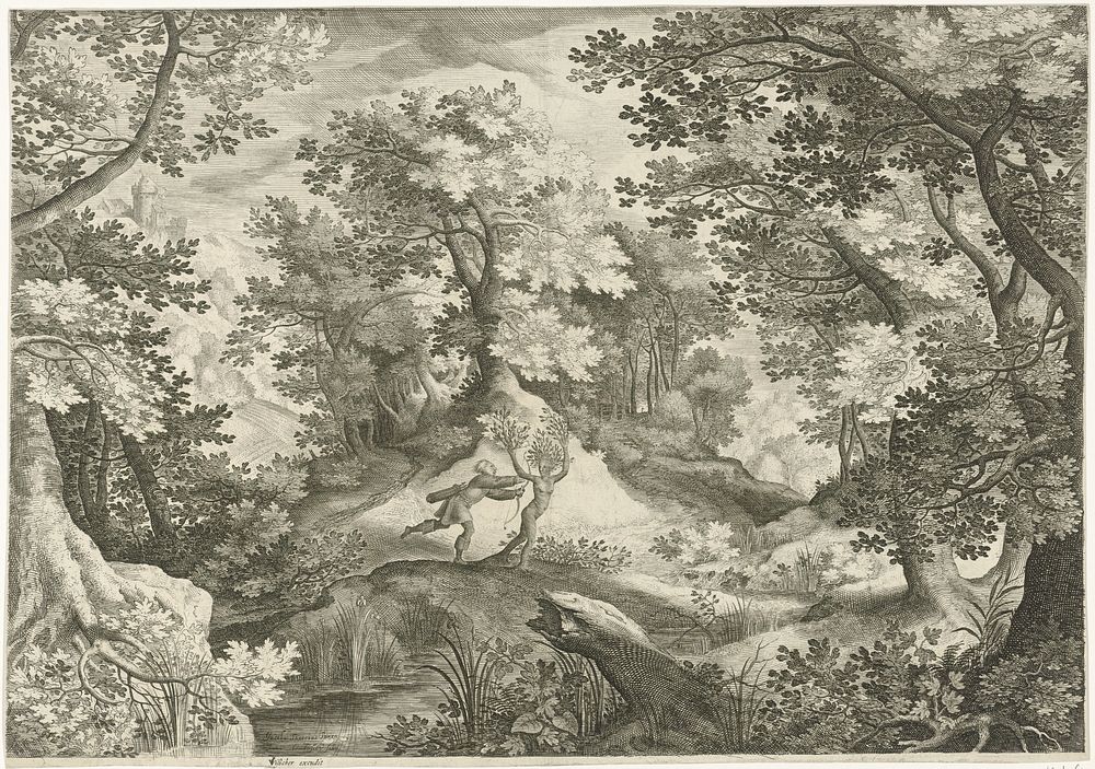 Landschap met Apollo en Daphne (1601 - 1652) by Jan van Londerseel, Jacob Savery I and Claes Jansz Visscher II