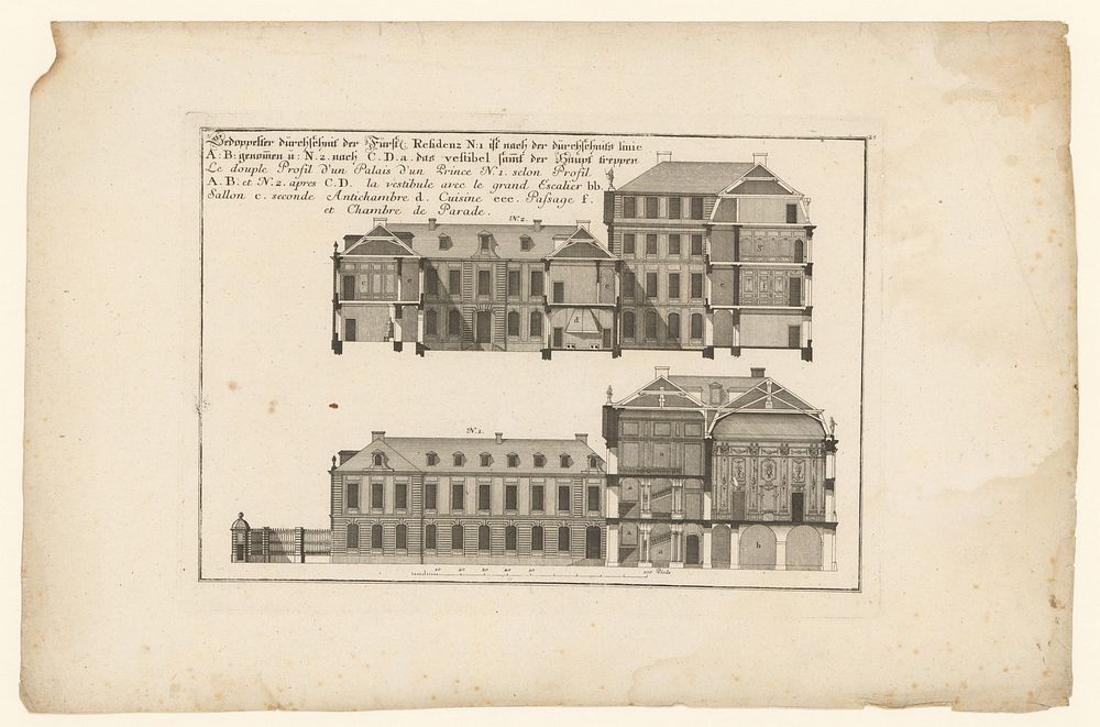 Zijaanzicht en doorsnede van een residentie (1750) by Johann Georg Ringlin, Johann David Steingruber and Johann Andreas…