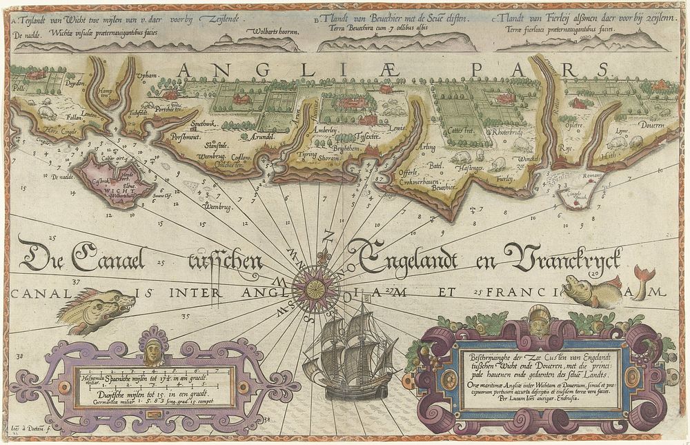 Kaart van de Engelse kust tussen de Isle of Wight en Dover (1580 - 1583) by Joannes van Doetechum I, Lucas Jansz Wagenaer…