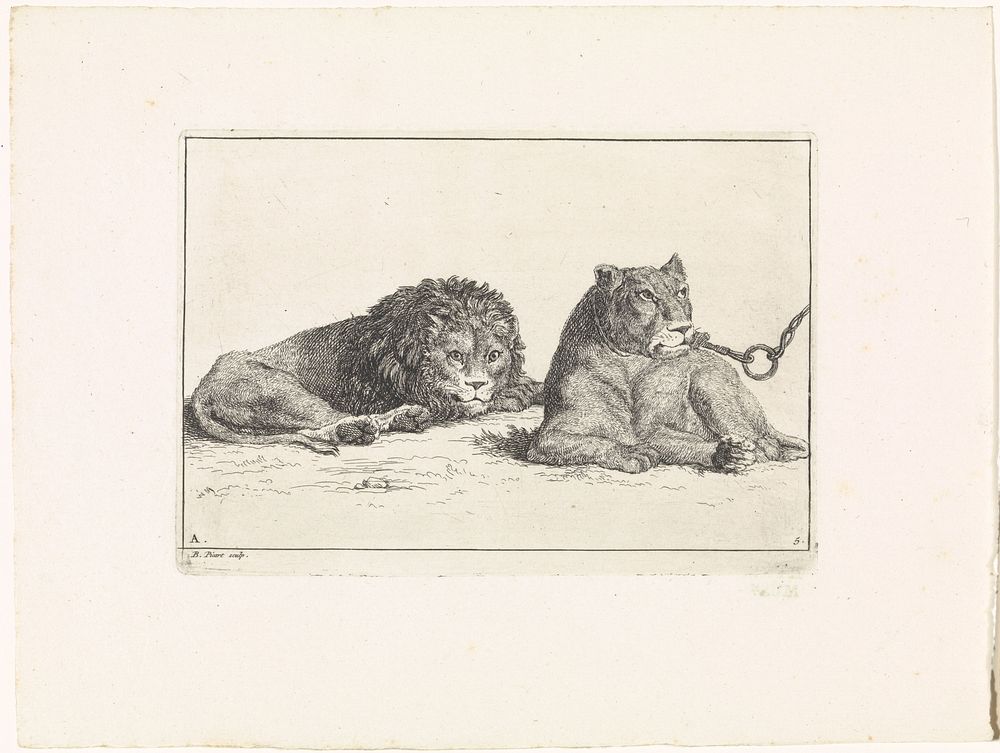 Landschap met twee liggende leeuwen (1729) by Bernard Picart and Bernard Picart