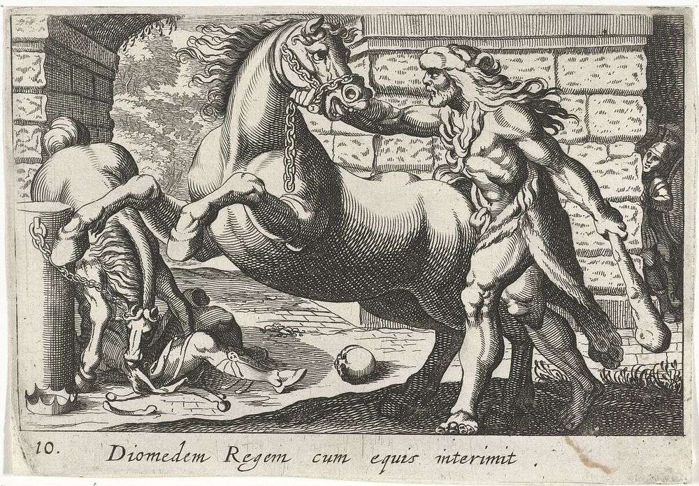 Hercules temt de paarden van Diomedes (1610 - 1664) by Simon Frisius and Antonio Tempesta