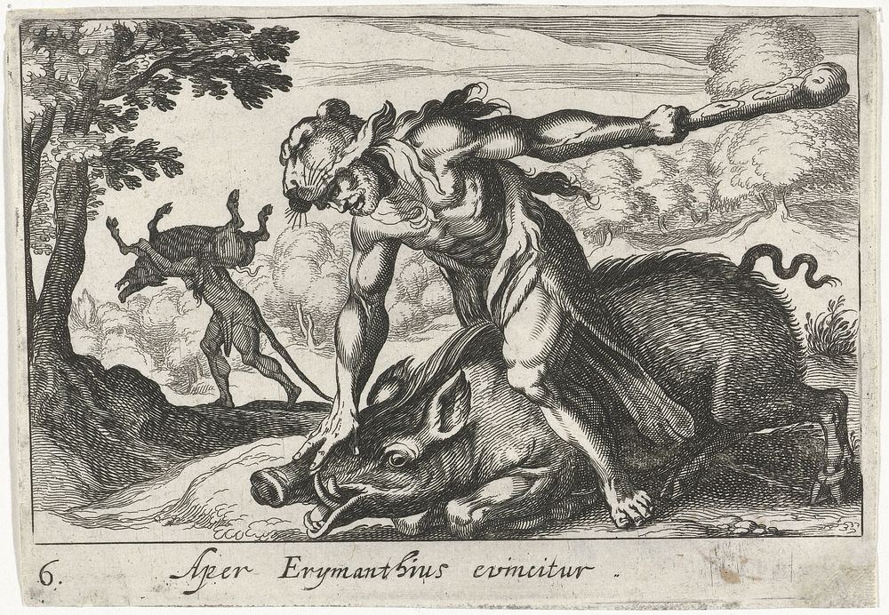 Hercules vangt het zwijn van Erymanthus (1610 - 1664) by Simon Frisius and Antonio Tempesta