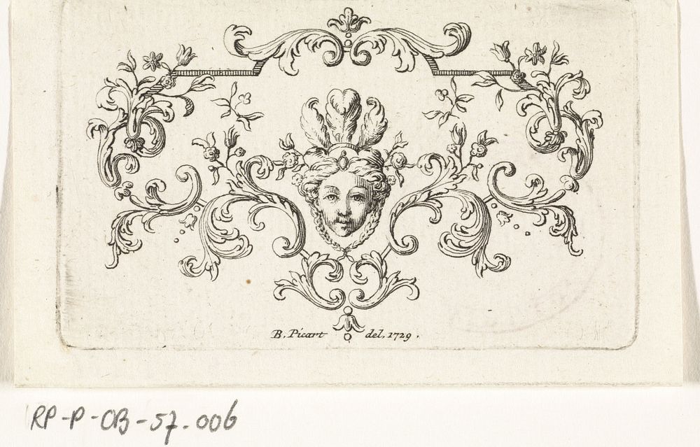Ornament met een vrouwengezicht met veren op haar hoofd (1729) by Bernard Picart and Bernard Picart