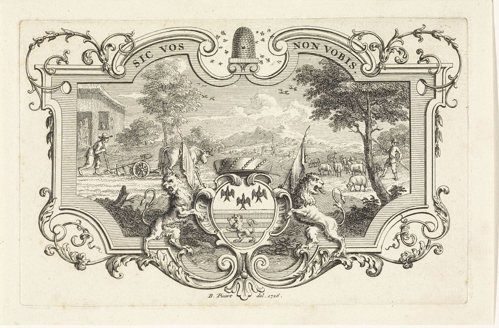 Wapenschild en landschap (1726) by Bernard Picart and Bernard Picart