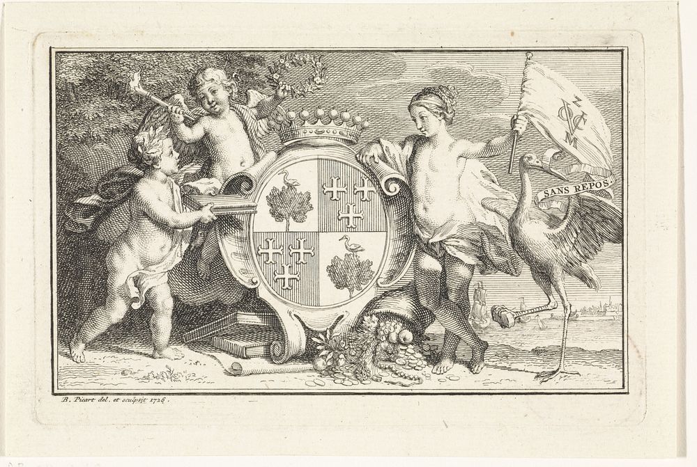 Wapenschild met daarnaast een vrouw met de vlag van de Zeeuwse kamer van de VOC (1726) by Bernard Picart and Bernard Picart