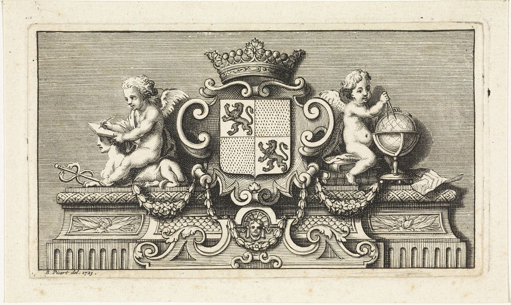 Wapenschild geflankeerd door putti (1723) by Bernard Picart and Bernard Picart