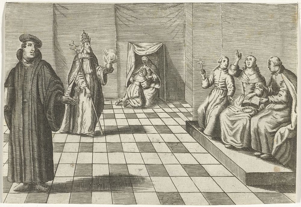 Interieur met geestelijken (c. 1663 - 1695) by Christiaan Hagen