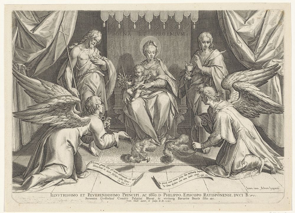 Getroonde Maria en het Christuskind, met twee heiligen (1589) by Johann Sadeler I, Hans von Aachen, Johann Sadeler I…