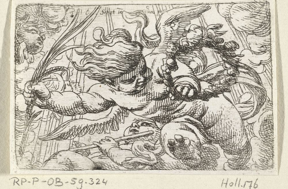 Putto met bloemenkrans en palmtak (1618 - 1655) by Cornelis Schut I and Cornelis Schut I
