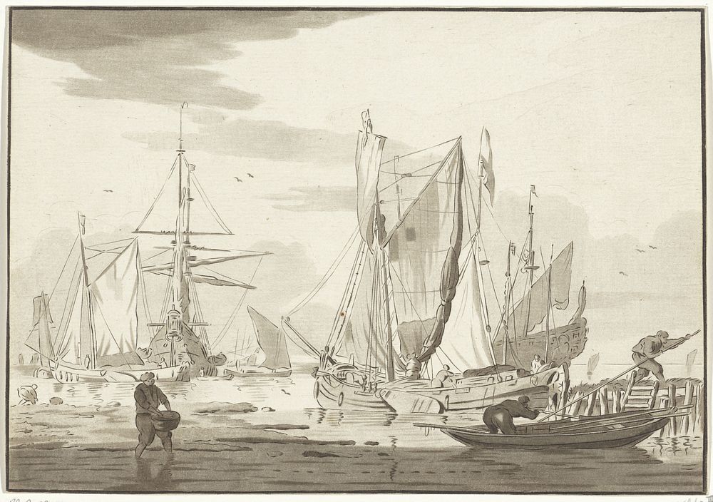 Lossen van aangemeerde schepen (1767 - 1780) by Bernhard Schreuder and Willem van de Velde II