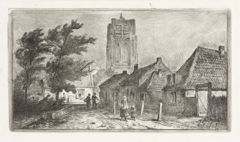 Dorpsgezicht met kerktoren (1873) by Jan Gerard Smits