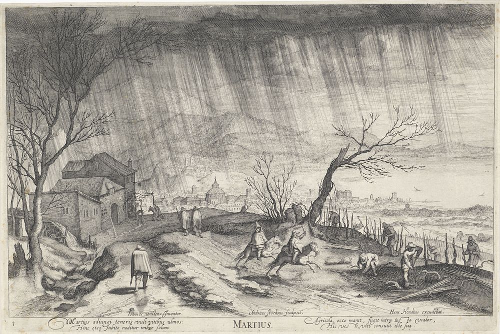 Maart, landschap met een regenbui (1614) by Andries Jacobsz Stock, Jan Wildens and Hendrick Hondius I