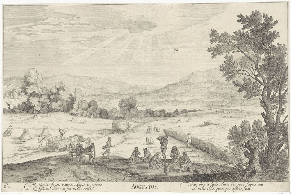 Augustus, landschap met graanoogst (1614) by Andries Jacobsz Stock, Jan Wildens and Claes Jansz Visscher II