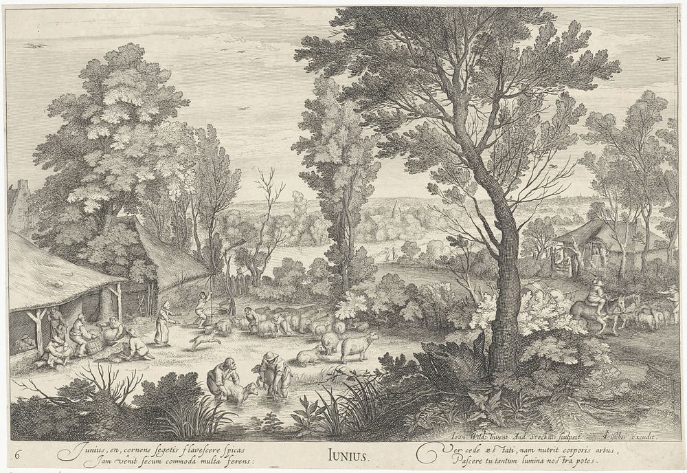Juni, landschap waarin boeren schapen scheren (1614) by Andries Jacobsz Stock, Jan Wildens and Claes Jansz Visscher II