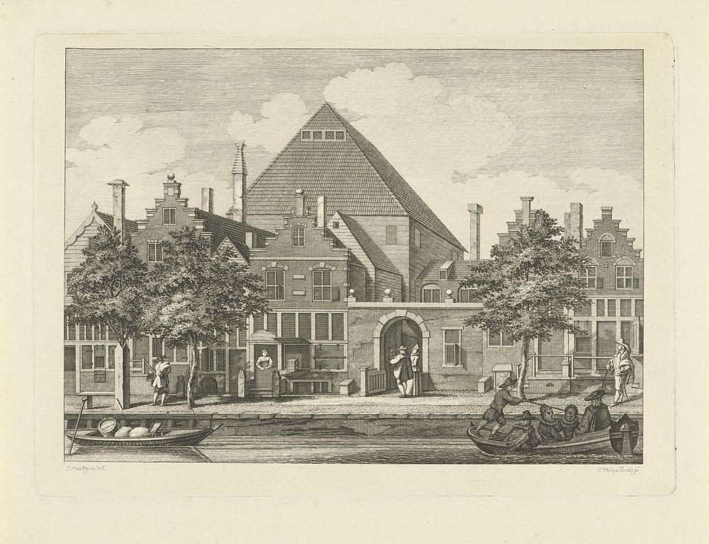 Gezicht op de Nederduitse Academie van Samuel Coster aan de Keizersgracht, 1617 (c. 1752 - 1789) by Caspar Jacobsz Philips…