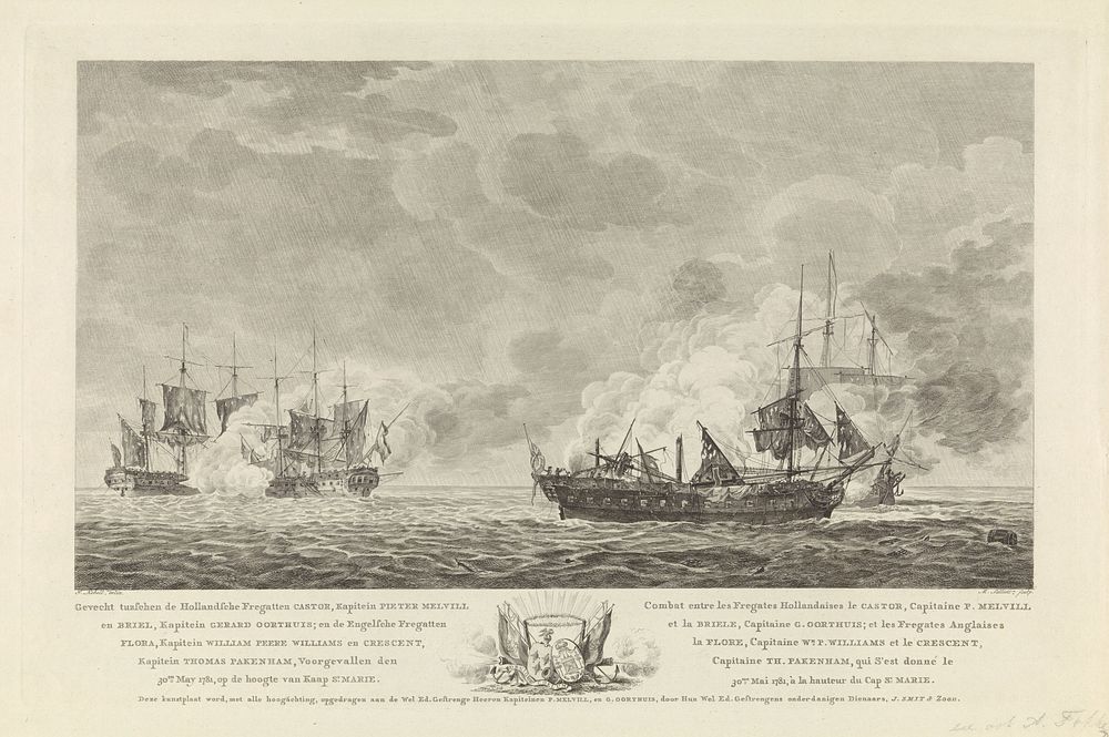 Zeeslag bij Cadiz, 1781 (1782) by Mathias de Sallieth, Jan Kobell I, Johannes Smit and Zoon, Pieter Melvill van Carnbee…