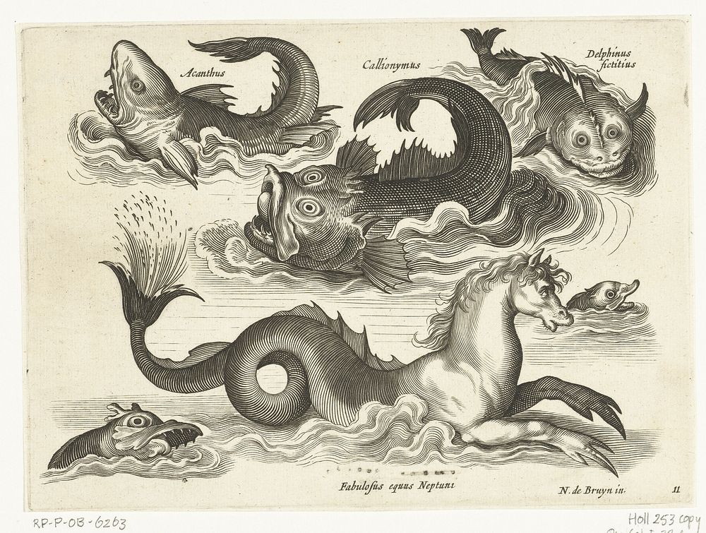 Fantastische waterdieren, onder andere zeepaard (1581 - 1652) by anonymous, Nicolaes de Bruyn and Claes Jansz Visscher II