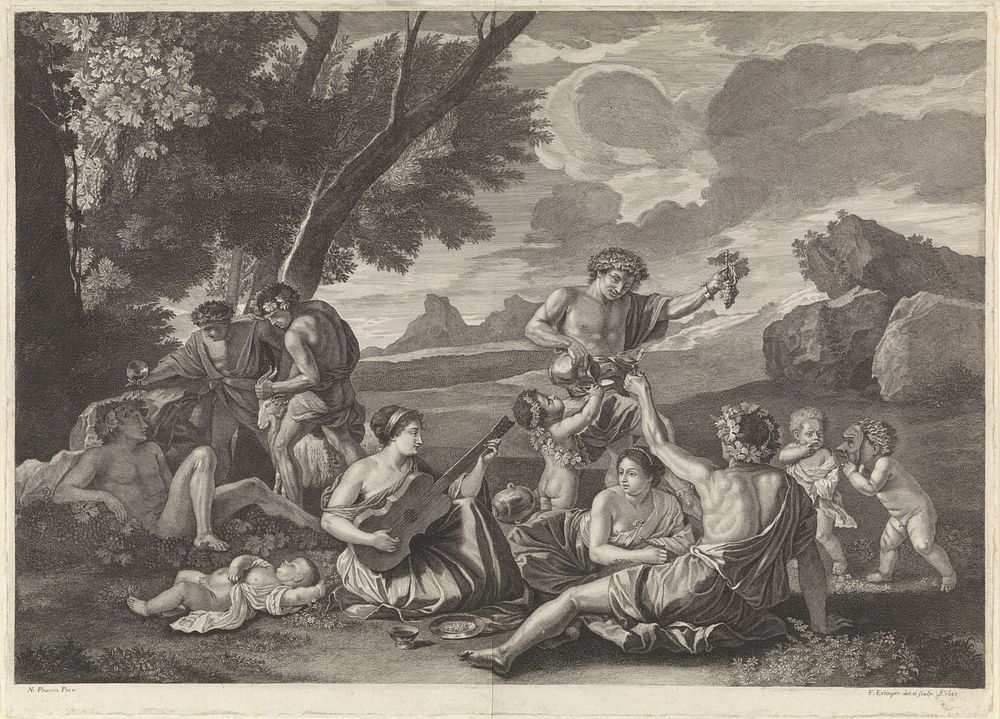 Landschap met bacchanten (1685) by Franz Ertinger, Franz Ertinger and Nicolas Poussin