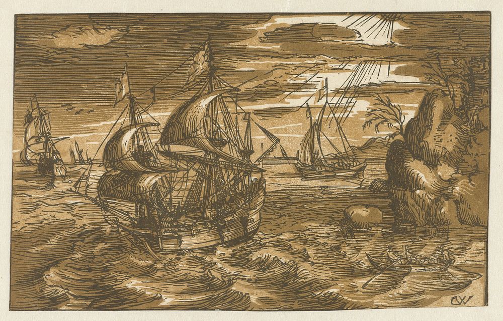 Schepen voor een kust (1605 - 1620) by Hendrick Goltzius, Cornelis Claesz van Wieringen, Cornelis Claesz van Wieringen and…