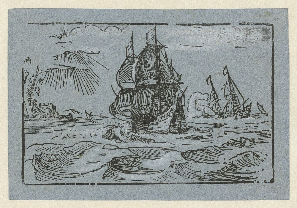 Schepen voor een kust (1585 - 1588) by Hendrick Goltzius, Cornelis Claesz van Wieringen and Willem Janszoon Blaeu