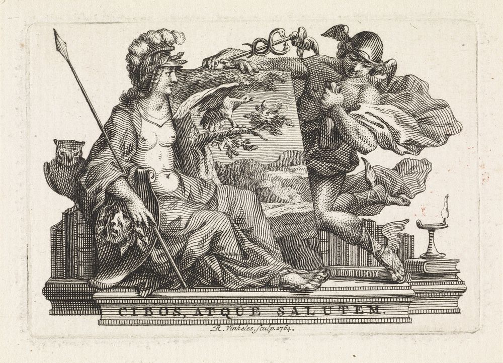 Minerva en Mercurius bij boeken en een schilderij, waarop een vogel in een landschap (1764) by Reinier Vinkeles I