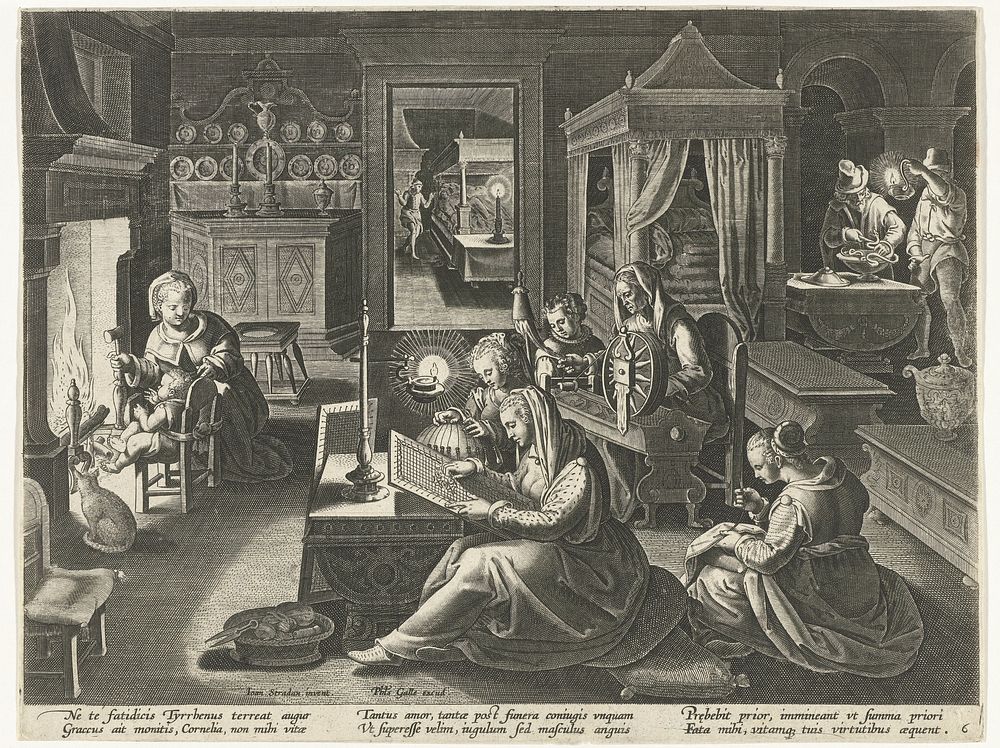 Cornelia, de deugdzame moeder van de Gracchi (1593 - 1597) by Theodoor Galle, Jan van der Straet, Johannes Boghe and Philips…