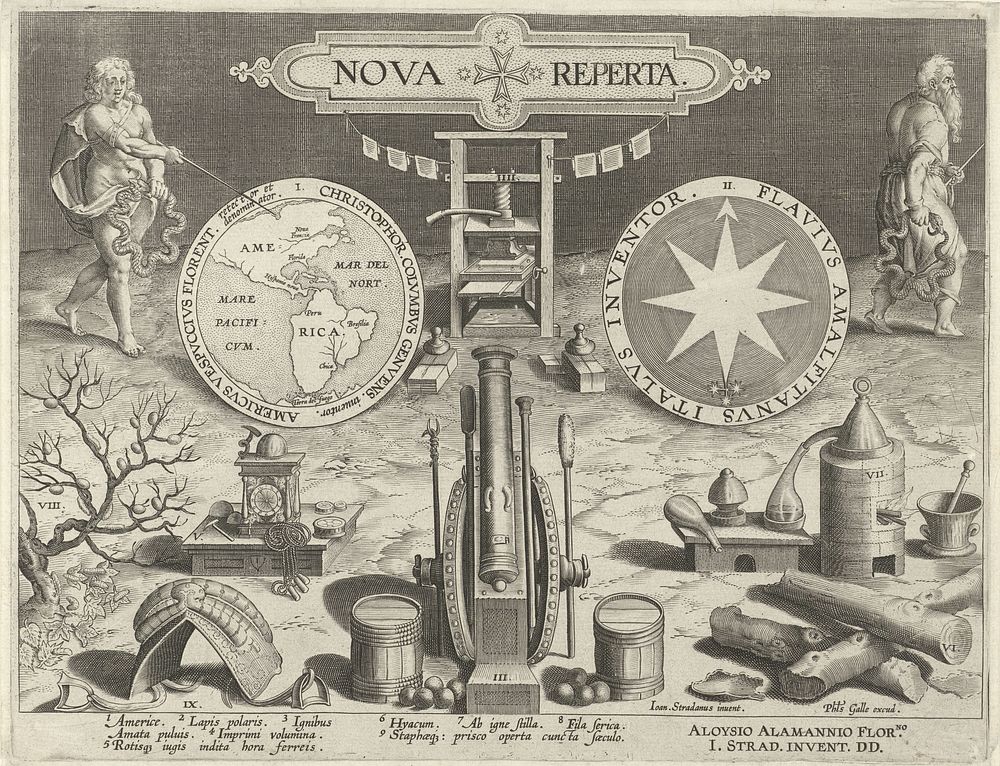 Titelprent voor de serie Nova Reperta (c. 1589 - c. 1593) by Jan Collaert II, Jan van der Straet, Philips Galle, Jan van der…