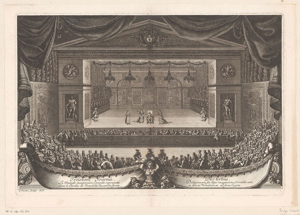 Opvoering van 'Le Malade Imaginaire' door Molière in de tuin van Versailles (1676) by Jean Lepautre and Imprimerie Royale