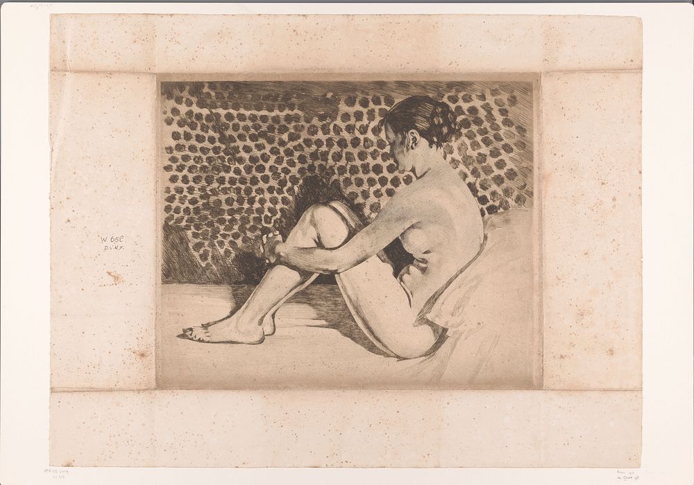 Naakte vrouw met opgetrokken knieën zittend op een divan (1870 - 1923) by Willem Witsen