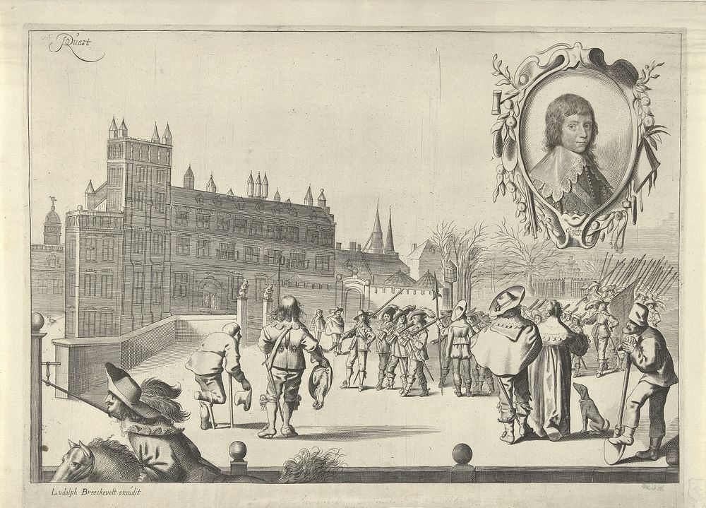 De lijfwacht van prins Willem II op het Buitenhof, 1638 (1638 - 1643) by Crispijn van den Queborn, Pieter Jansz Quast and…