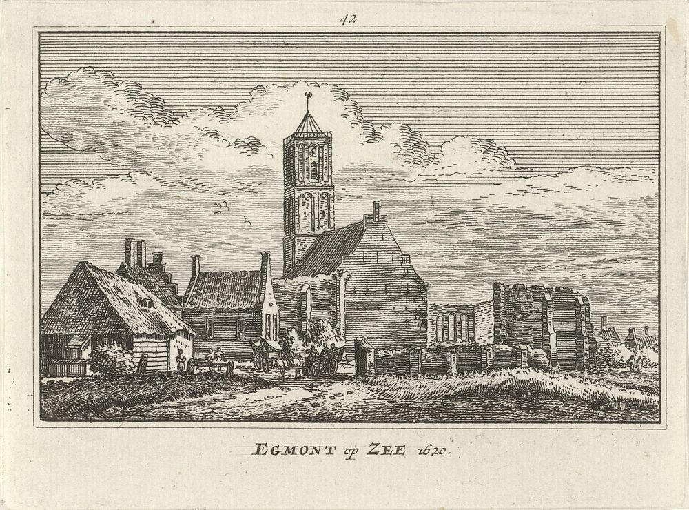 Gezicht op Egmond aan Zee, 1620 (1727 - 1733) by Abraham Rademaker, Willem Barents and Antoni Schoonenburg