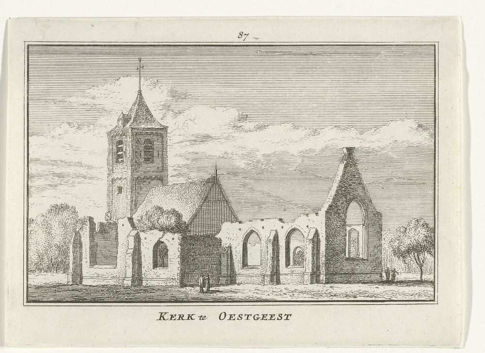 Gezicht op de ruïne van de kerk te Oegstgeest (1727 - 1733) by Abraham Rademaker, Willem Barents and Antoni Schoonenburg